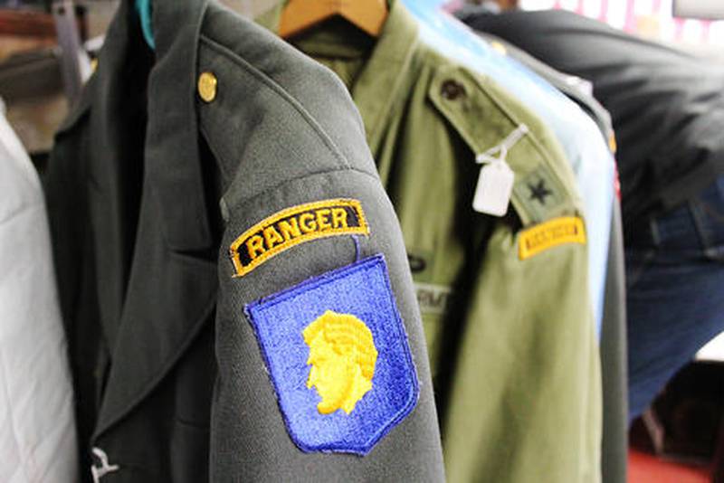An Army Ranger uniform (foreground) and an Army brigadier general's uniform (background) are among several of the artifacts awaiting proper display at the Veterans Memorial Museum in Dixon.