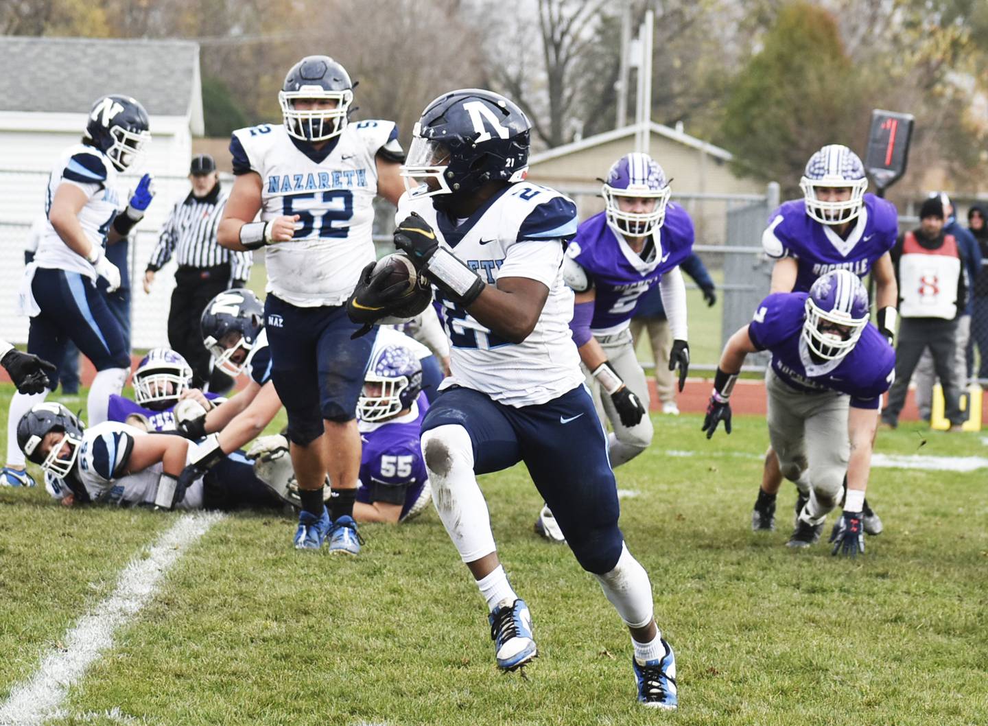 Nazareth running back Lesroy Tittle breaks outside for a touchdown run during the Class 5A quarterfinal game on Saturday at Rochelle.