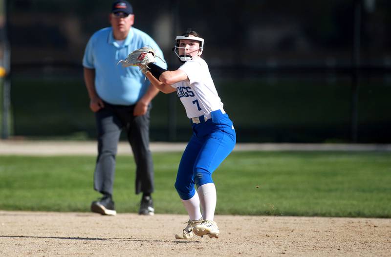 Geneva's Jillian Bultmann throws to first during a game on Tuesday, May 6, 2025 against Batavia in Batavia.