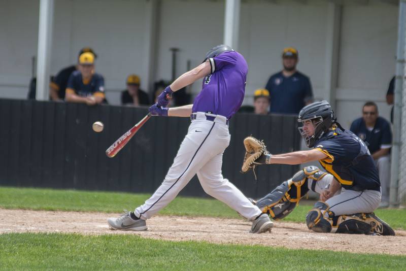 Dixon’s Ethan Van Horn drives the ball Saturday, May 28, 2022 tying the game up in the 6th inning against Sterling.