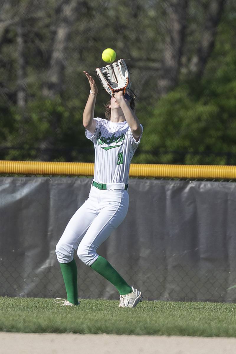 Rock Falls’ Madisyn Eikenberry hauls in a fly ball against Oregon Wednesday, April 22, 2026.