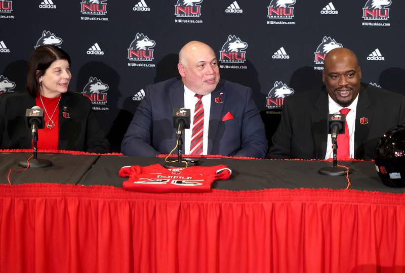 Northern Illinois University president Lisa Freeman, (left) vice president and director of athletics and recreation Sean Frazier and head football coach Thomas Hammock (right) answer questions during a press conference Tuesday, Jan. 7, 2025, announcing NIU football will be joining the Mountain West Conference starting with the 2026 season.