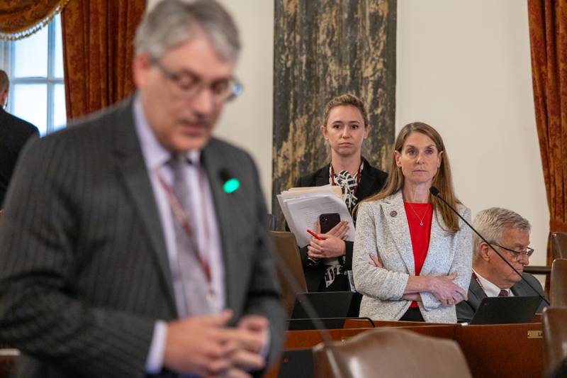 Sen. Laura Fine, D-Glenview, and an aide watch as Sen. Michael Halpin, D-Rock Island, explains why he will vote no on her bill to regulate the carbon capture and sequestration industry.