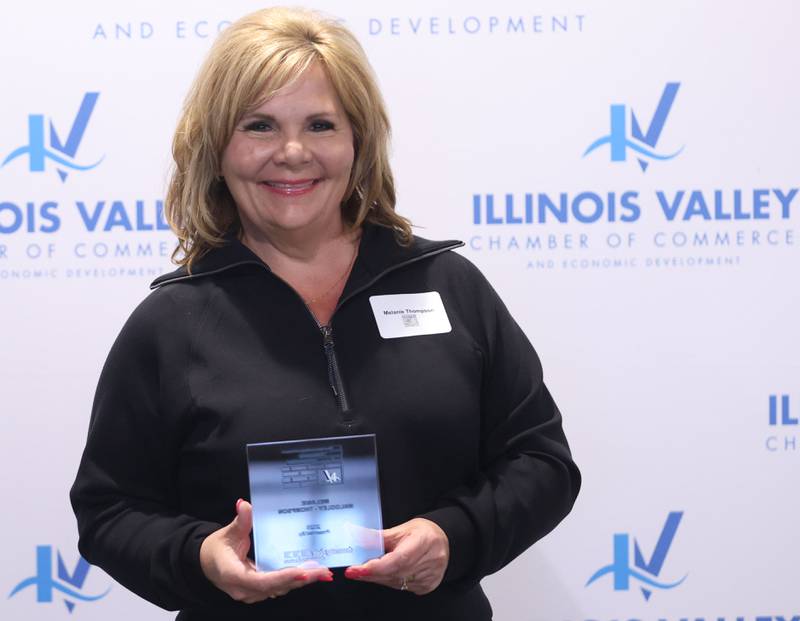 Spring Valley mayor Melanie Malooley Thompson poses with her Cornerstone award during the Illinois Valley Chamber of Champions of Change Awards Night on Wednesday, May 6, 2026 at the Westclox Event Center in Peru.