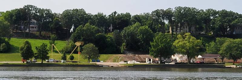 The view of Allen Park from across the Illinois River shows the working being done on the hillsides, an effort to make it less vulnerable to flooding.