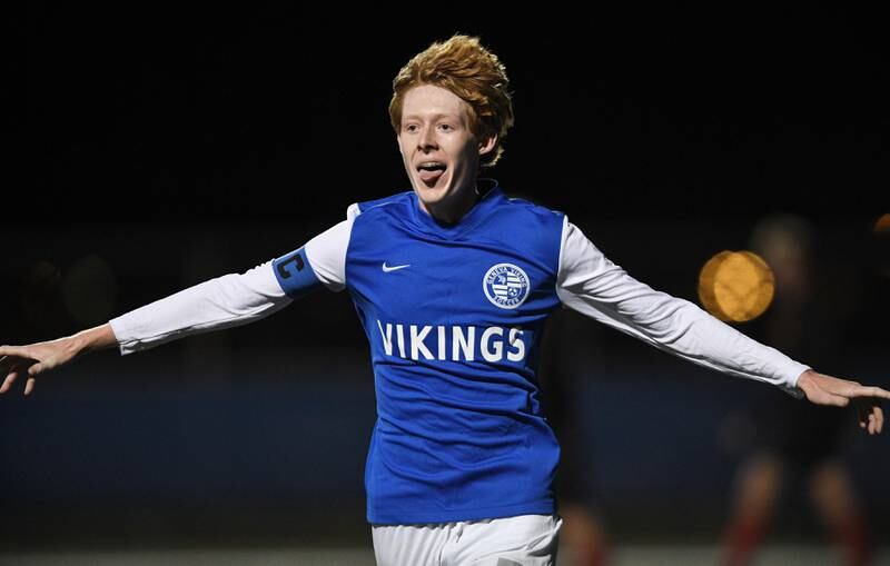 John Starks/jstarks@dailyherald.com
Geneva’s Liam O'Donoghue celebrates his first of two first-half goals against Batavia in the TriCities boys soccer night game in Geneva on Tuesday, September 27, 2022.