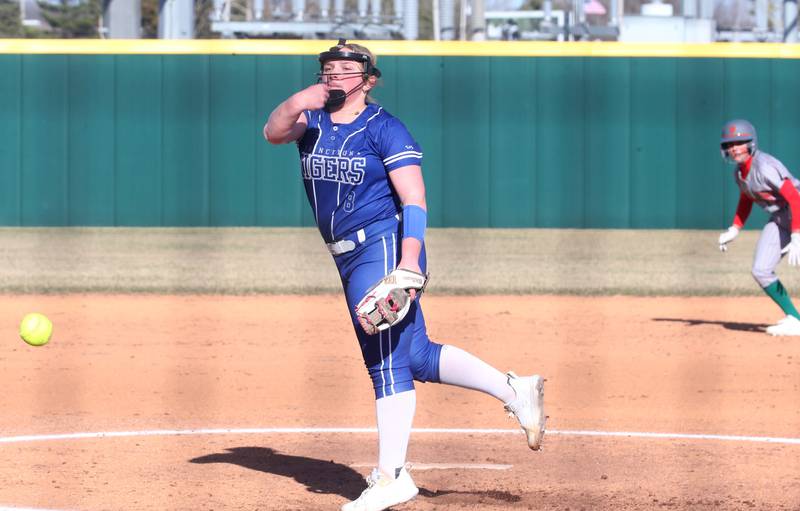 Princeton pitcher Avah Oertel lets go of a pitch as L-P's Karmen Piano leads off second base on Tuesday, March 25, 2025 at the L-P Athletic Complex in La Salle.