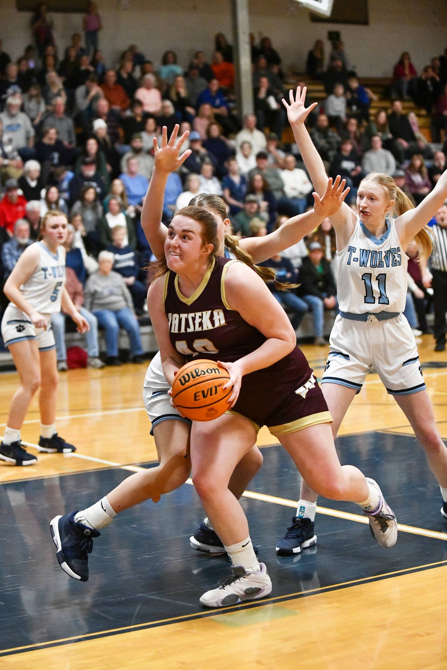 Watseka-Milford's Megan Martin drives to the basket against Cissna Park players Monday, Feb. 10, 2025, during Cissna Park's 61-40 victory.