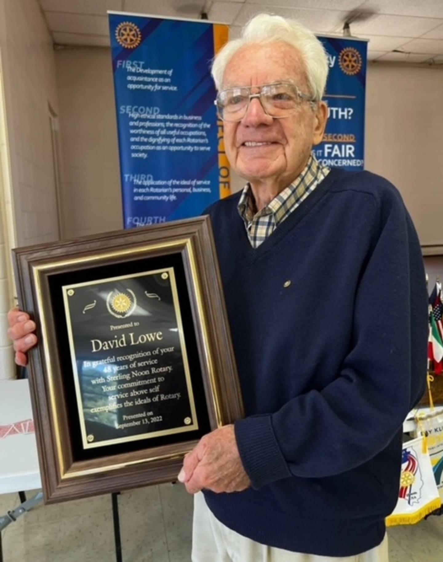 Sterling Noon Rotary Club member David Lowe being recognized celebrated for 48 years of service during a Rotary meeting Tuesday, Sept. 13. The Sterling Noon Rotary Club meets at noon the first, second, and fourth Tuesday’s of every month at the Sterling YWCA, 412 First Ave.