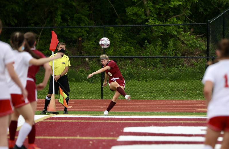 Morris' Mackenzie Welch performs a corner kick Tuesday, May 25, 2021, in a 6-1 win over Ottawa in the Interstate Eight Conference Tournament.