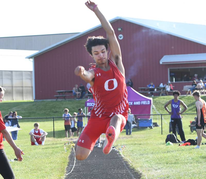 Oregon's Xander Garcia competes n the long jump at the Big Northern Conference Meet at Stillman Valley on Thursday, May 14, 2026.