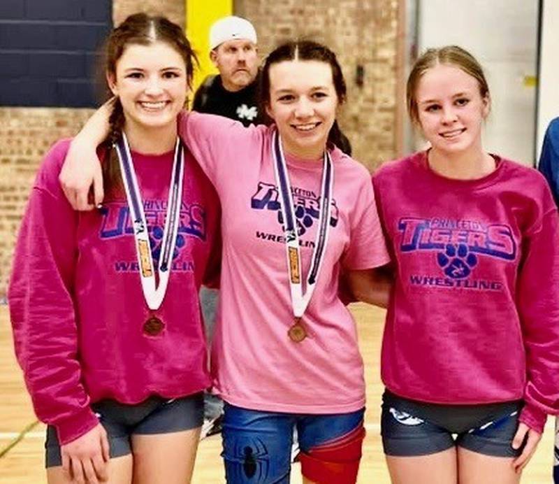 Princeton's  Jadeyn Klingenberg (from left), Rylee Backes and Abby Harris will be among the wrestlers in Saturday's Princeton Invitational girls tournament on. Saturday beginning at 9 a.m.