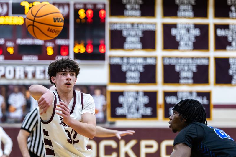 Lockport's Grady Ruane passes during a varsity basketball game against Lincoln-Way East at Lockport Township High School East Campus on Jan. 23, 2026.