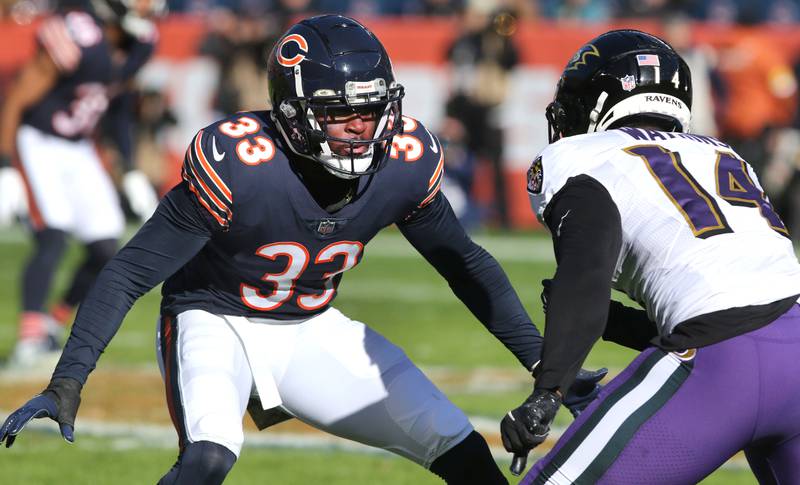 Chicago Bears cornerback Jaylon Johnson covers Baltimore Ravens wide receiver Sammy Watkins during their game Sunday, Nov. 22, 2021, at Soldier Field in Chicago.