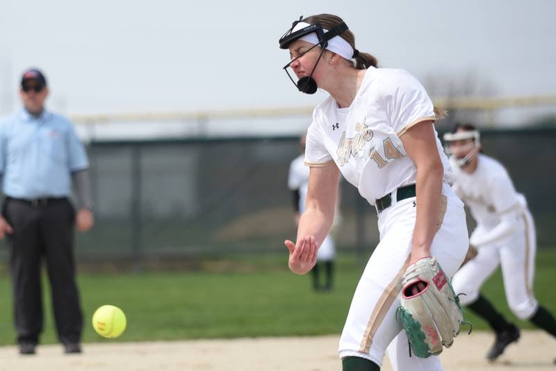 Bishop McNamara's Joslynn Dole throws a pitch during a home game against St. Laurence Saturday, April 11, 2026.