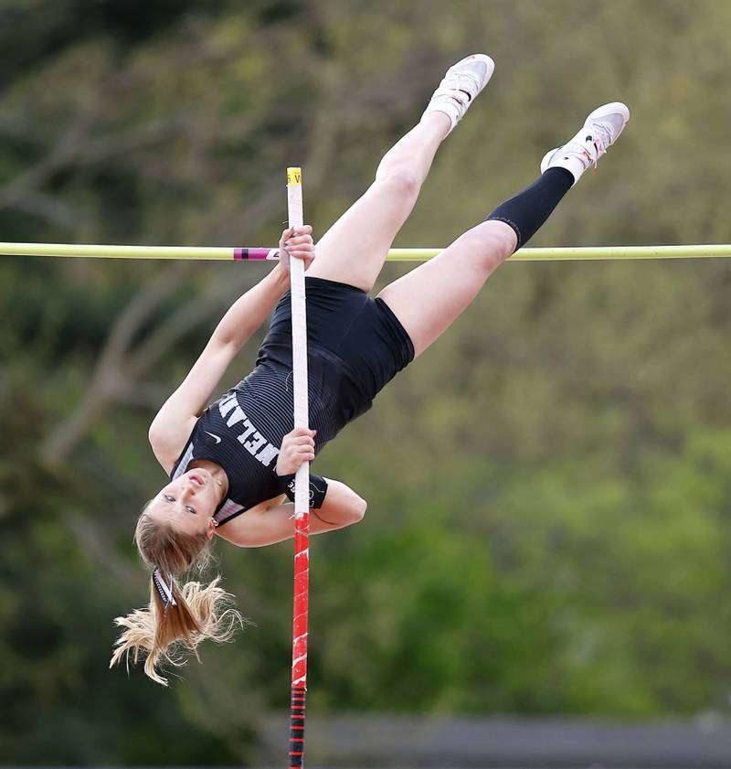 Delainey Baran of Kaneland
competes in the pole vault during the Kane County girls track and field meet at East Aurora High School Friday, May 2, 2025 in Aurora Ill.