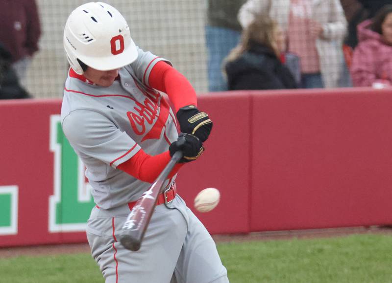 Ottawa's Lucas Farabaugh makes contact with the ball against L-P on Thursday, April 30, 2026 at Huby Sarver Field in the L-P Athletic Complex in La Salle.