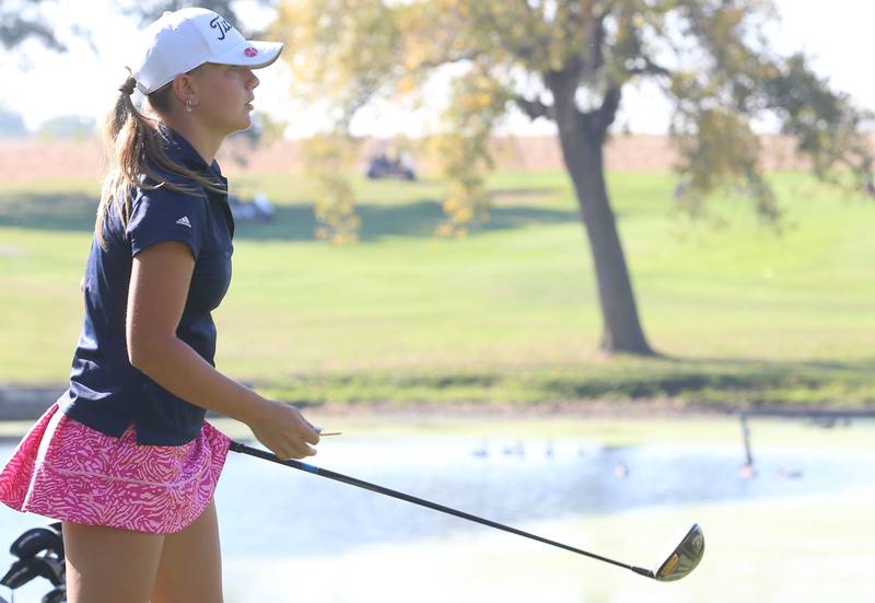 Fieldcrest's Abby Greeland tees off during the Class 1A Regionals on Tuesday, Sept. 30, 2025 at Spring Creek Golf Course in Spring Valley.