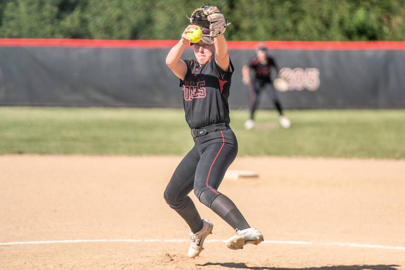 Yorkville's Madi Reeves (2) delivers a pitch against Plainfield North during the Class 4A Yorkville Regional softball final at Yorkville High School on Friday, May 26, 2023.