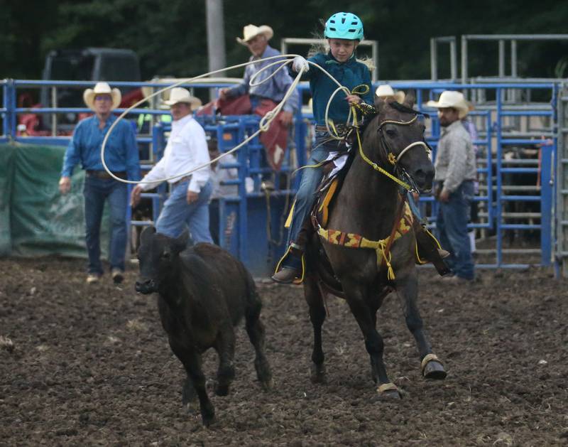 Emma Lukach of Grand Ridge, competes in the Tie-down Ropeing during the Broken Horn Rodeo at the La Salle County 4-H Show and Junior Fair on Friday, July 14, 2023 in Ottawa.