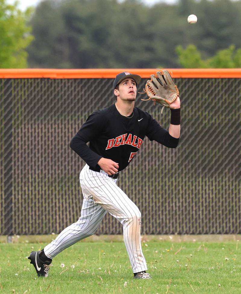 DeKalb's Cole Latimer makes a catch in center field Tuesday, May 5, 2026, during their game against Neuqua Valley at DeKalb High School.