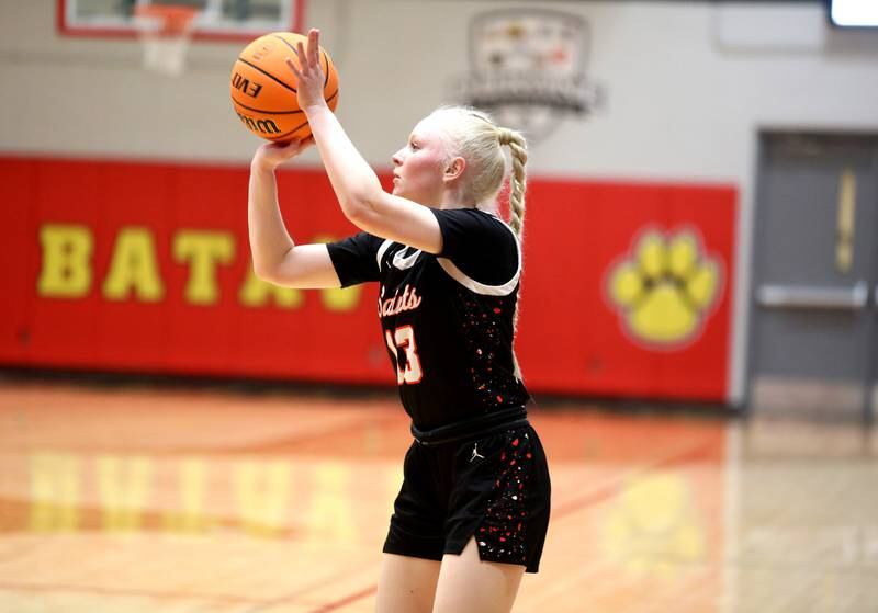 St. Charles East's Addie Schilb shoots three points during a game against Batavia on Thursday, Feb. 6, 2025 in Batavia.