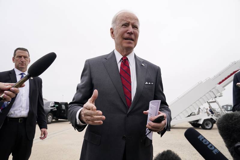 President Joe Biden speaks to the media before boarding Air Force One for a trip to Alabama to visit a Lockheed Martin plant, Tuesday, May 3, 2022, in Andrews Air Force Base, Md. (AP Photo/Evan Vucci)