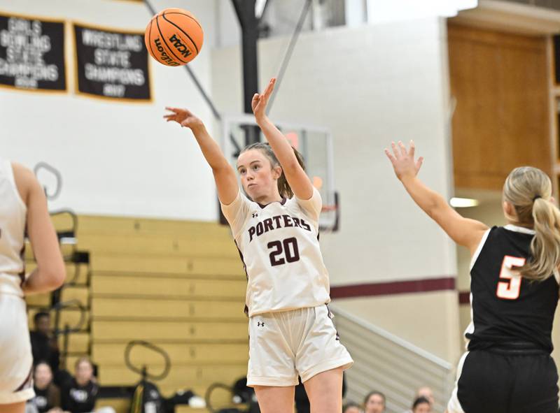 Lockport's Lucy Hynes (20) shoots a jump shot during a conference game against Lincoln-Way West on Tuesday, Feb. 04, 2025, at Lockport.