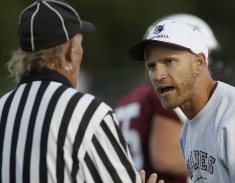 Prairie Ridge Head Coach Mike Frericks argues a call during a Fox Valley Conference football game Prairie Ridge on Friday, Sept. 5, 2025, at Prairie Ridge High School in Crystal Lake.