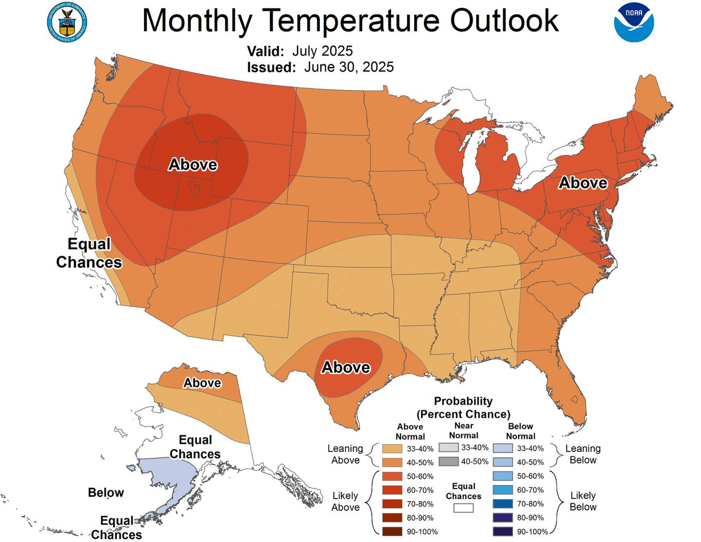 The temperature outlook for the United States for July 2025 from the National Oceanic Atmospheric Association.