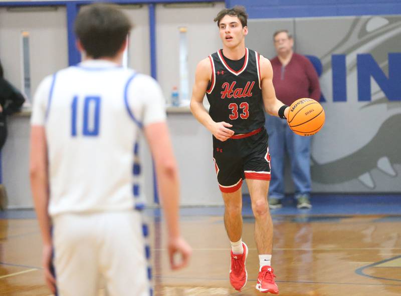 Hall's Braden Curran dribbles up the court against Princeton on Friday, Feb. 13, 2026 at Princeton High School.