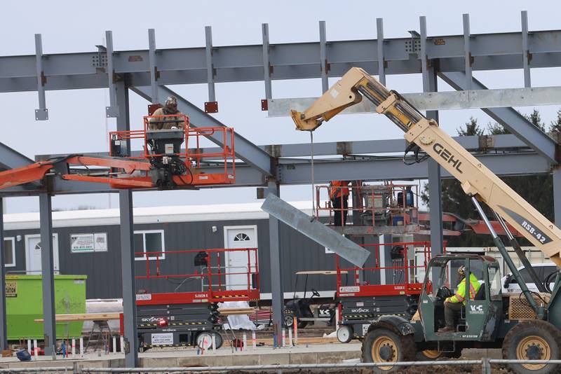 Crews build the exterior shell of the Dr. Alfred E. Wisgoski Agricultural Education Center on Tuesday, Jan. 13, 2026 on the Campus of Illinois Valley Community College in Oglesby. Last August, IVCC officially broke ground on the $7.6 million Dr. Alfred E. Wisgoski Agricultural Education Center. The 10,250-square-foot facility is expected to open in 2027. The project is supported by a $3.5 million grant from the U.S. Department of Economic Development Administration, a $240,000 grant from the Illinois Department of Commerce and Economic Opportunity and a $1 million gift from the Wisgoski family.