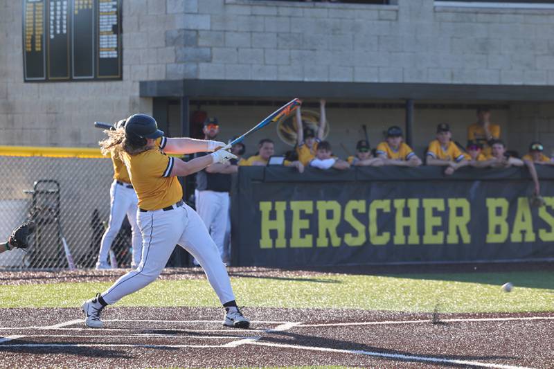 Herscher's Nash Brubaker connects for a grounder during the Tigers’ 8-7 loss to Manteno on Tuesday, May 6, 2025.