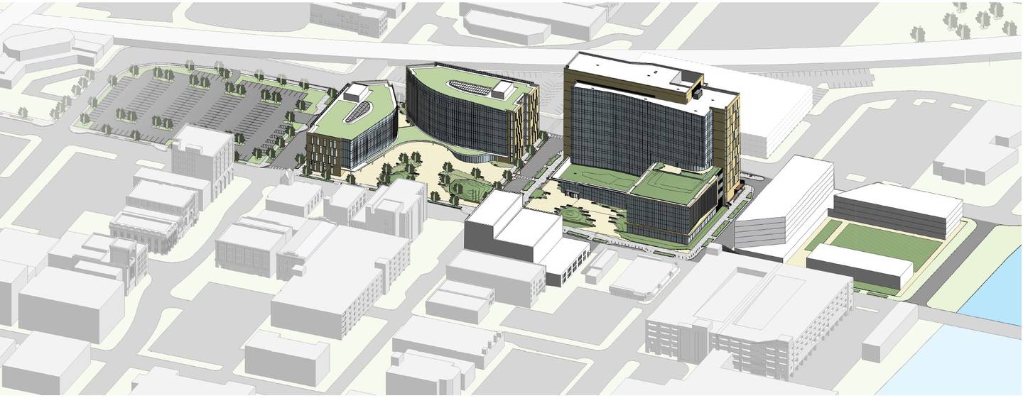 A rendering of a proposed consolidated government campus with Will County and Joliet services located at the former courthouse site at 14 W. Jefferson St., Joliet.