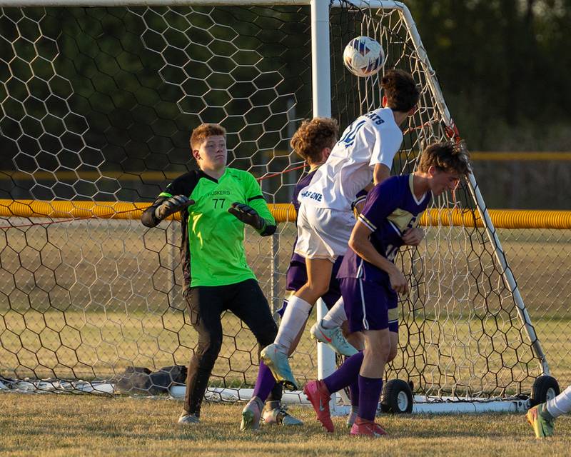Patrick Short (14) of Somonauk/Leland/Newark unsuccessfully attempts to header ball for goal on Monday, Sept. 29, 2025, at Serena High School in Serena.