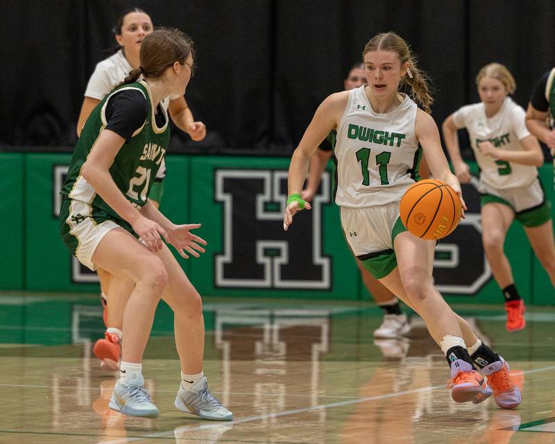 Dwight's Olivia Buck (11) dribbles ball down court whilst being guarded by Parker McClain (21) of St. Bede on Monday, January 19, 2026 at the Krese Memorial Gymnasium in Dwight.