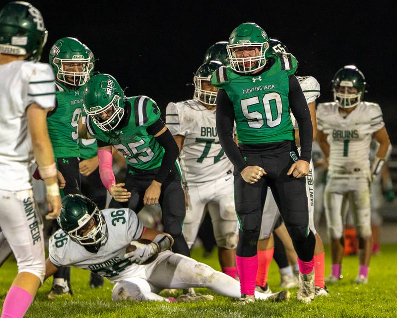 Rayce Aukland (50) of Seneca celebrates tackling Landon Marquez (36) of St. Bede on Friday, Oct. 10, 2025 at Seneca High School in Seneca.