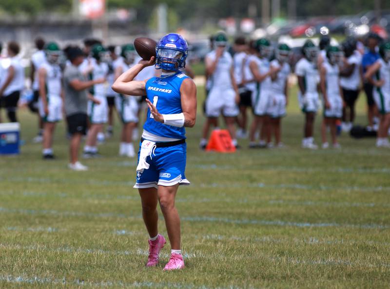 Brock Phillip of St. Francis throws the ball during a 7 on 7 tournament on Thursday, June 26, 2025 at Naperville North.