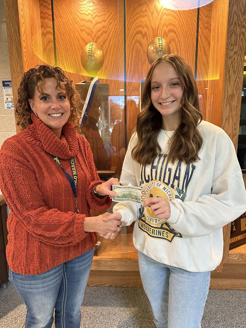 Laynie Mandrell was selected as the October Student of the Month at Polo Community High School. She is pictured with Polo School Foundation Board Member Alissa Zeigler (left).