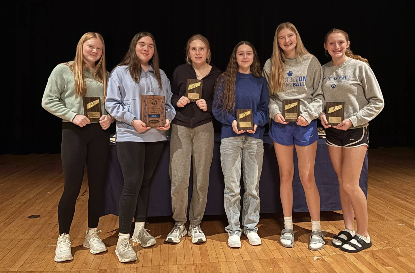 Award winners for the 2024 volleyball season for the Princeton freshmen are (from left to right) Payten Harden (Most Valuable Defense), Olivia Mabry (Sportsmanship), Alice Scruggs (Most Improved), Kaylyn Friel (Hustle/Attitude), Payton Brandt (Most Valuable Offense) and Jocelyn Strouss (Leadership).