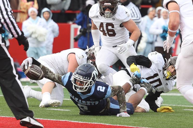 Nazareth’s Garrett Reese comes up inches short for the score against Joliet Catholic in the Class 5A state championship on Saturday, Nov. 30, 2024 in Normal.