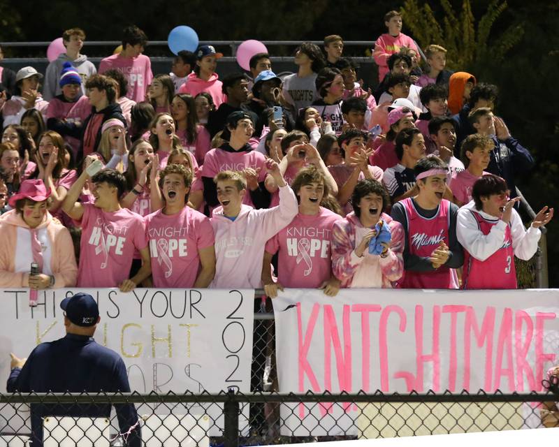 The St Francis student section cheers for the team during varsity football game between St Francis at IC Catholic Prep.  Oct 21, 2022.