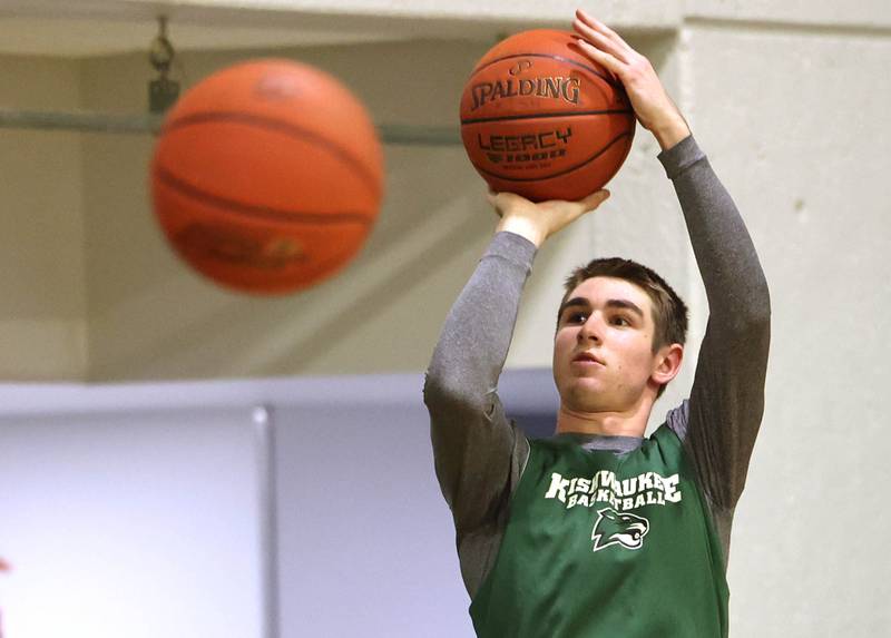 Indian Creek High School graduate Cam Russell, now at Kishwaukee College, shoots a jump shot during practice Wednesday, Jan. 11, 2023, at the school.
