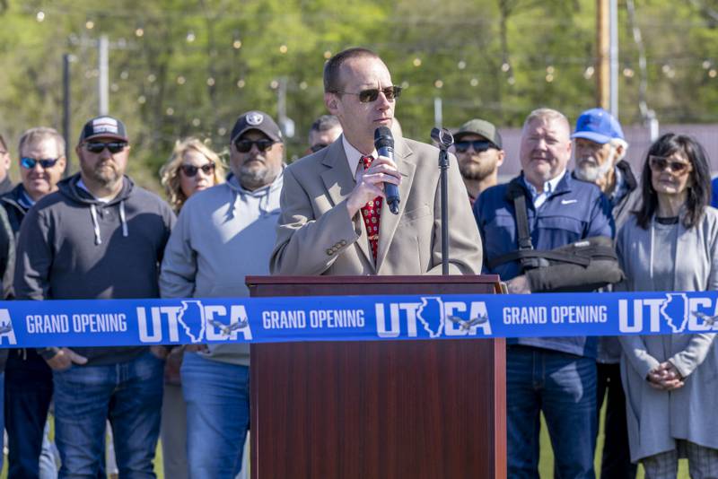 Utica Mayor David Stewart speaks before the ribbon cutting ceremony at the grand opening of Market On Mill on May 3, 2025 in Utica, Illinois.