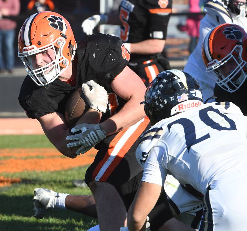 Byron's Caden Considine (37) heads to the end zone against Elmhurst IC Catholic  during 3A quarterfinals at Byron High School on Saturday, Nov. 15, 2025.