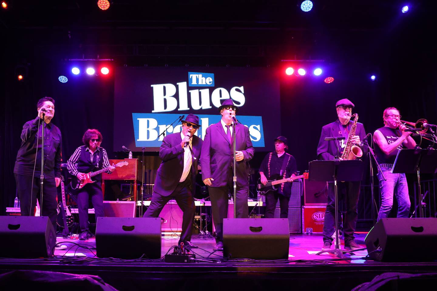 Jim Belushi. aka Zee Blues, and Dan Aykroyd, aka Elwood Blues, performs at Blues Brothers Con: The Sequel on Saturday, Aug. 17, 2024 at the Old Joliet Prison.
