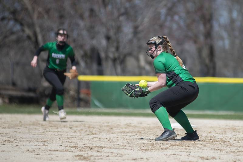 Rock Falls' Jersey Thomas plays a ball at second base Saturday, April 9, 2022.