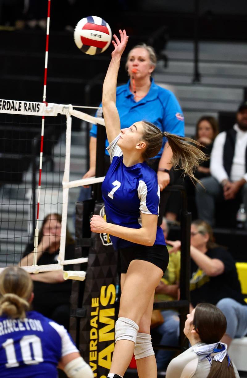 Princeton's Kathy Maciczak takes a hit against Peoria Notre Dame in Tuesday's sectional semifinals at Riverdale.