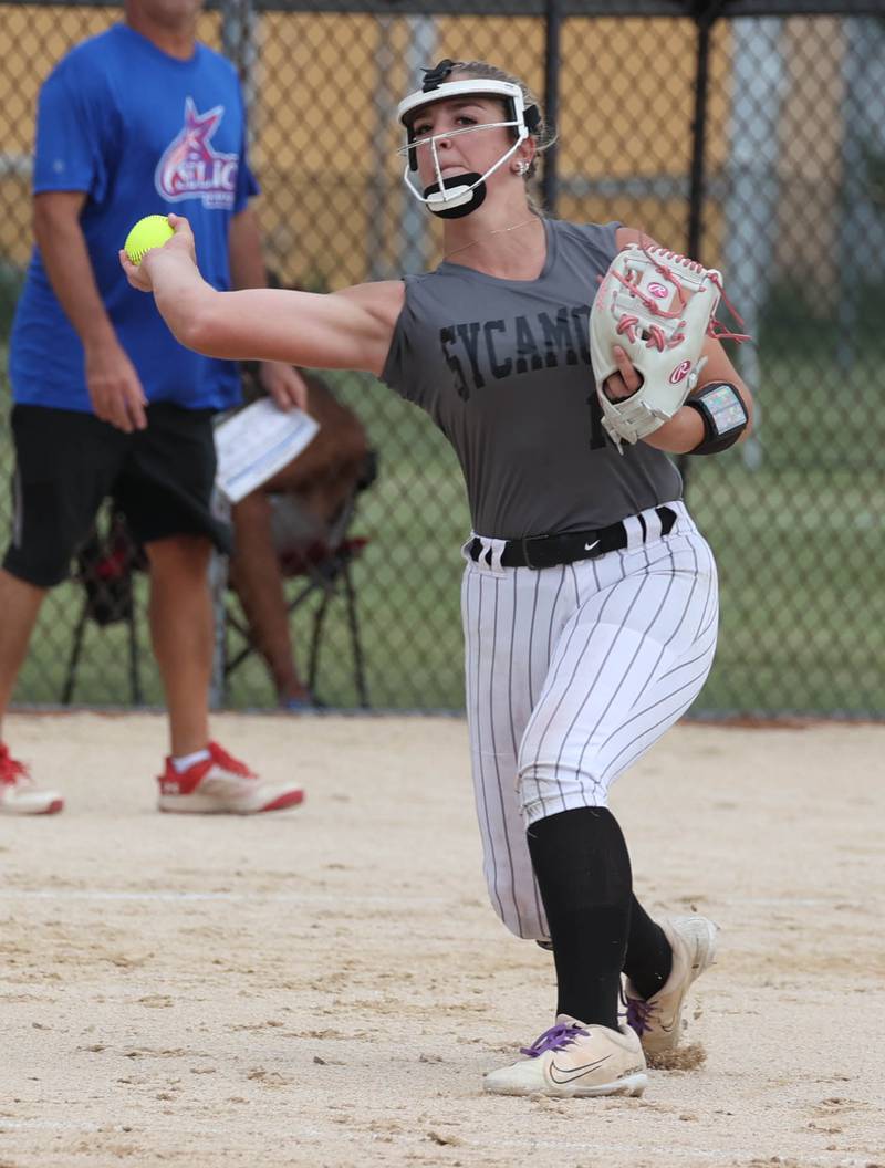 Sycos’ Kennedy Latimer throws the ball to first Friday, June 27, 2025, during their 16u game against Select Fastpitch in the Storm Days tournament at the Sycamore Community Sports Complex.