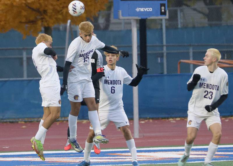 Mendota's Luis Ramirez misses a header during the Class 1A State title game on Saturday, Nov. 8, 2025 at Hoffman Estates High School.